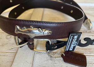 Cinturón de cuero italiano vintage plateado con tachuelas de pescado marrón grano completo talla 34 - Imagen 1 de 9