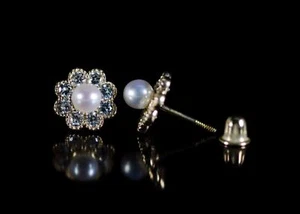 14k Yellow and White Gold Flower CZ Stud Earrings White Pearl with Screw Back - Picture 1 of 8