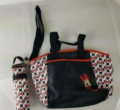 Disney Baby Minnie Mouse Diaper Bag Tote Black Red w Bottle Holder - Image 1 of 4