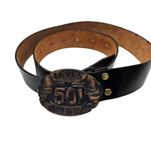 Levis 501 Leather Belt Metal Buckle Black 30in Unisex Embossed Relief Buckle - Picture 1 of 8
