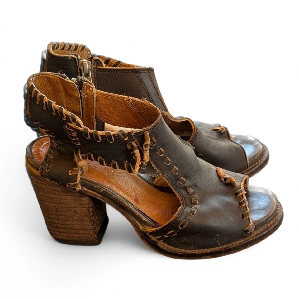 Farylrobin Loki Full Leather Wooden Heel Distressed Sandal Womens Sz 6 - Image 1 of 4