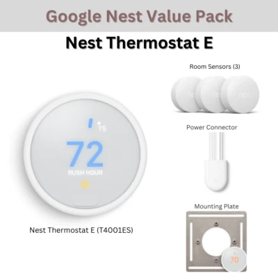 VALUE PACK: Nest Thermostat E + 3x  Room Sensors + Power Connect + Steel Mount - Image 1 of 4
