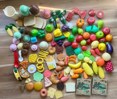 Lote de 132 piezas de comida de plástico para jugar simulación madera helado frutas verduras pizza más Foto 1 de 4