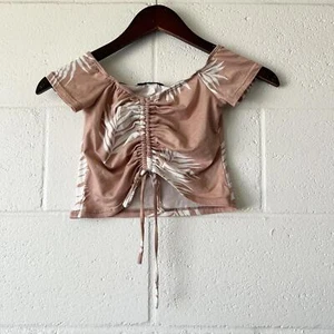 Publik Pink White Palm Tree Scrunch Off The Shoulder Crop Top Girls Size 7 - Picture 1 of 3
