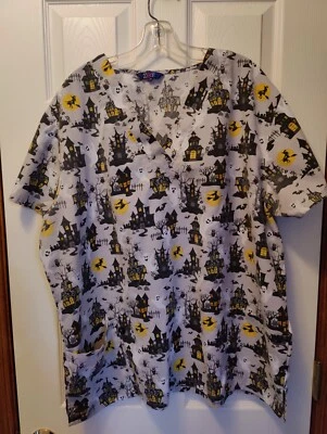Zikit Halloween Scrub Top 2 Pockets Spooky Ghosts & Haunted Houses 2XL-2 Pockets - Image 1 of 4