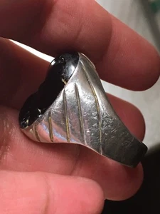 Natürlicher schwarzer Lavagestein Stein schwerer Vintage Ring Sterlingsilber Gr. 12 Unisex - Bild 1 von 12