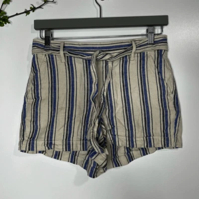 J. Pantalones Cortos Crew Azul Crema Negro Rayas Lino Mezcla Algodón Corbata Cintura Foto 1 de 4