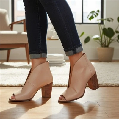 Sandalias Lucky Brand CUERO punta abierta apiladas tacón bloque botines talla 8,5 M BEIGE Foto 1 de 4