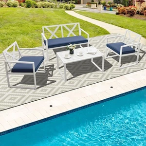 4PCS Patio Furniture Set Outdoor Conversation Set Metal Frame w/ Navy Cushions - Picture 1 of 8