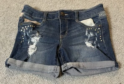 Y2K Lei Ashley Low Rise Patchwork Shorts Juniors 9 Blue Denim Distressed Cuffed - Image 1 of 4