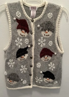 Vtg PBJ Women Snowman Chunky Knit Sweater Vest Sz M Winter Wool Blend Cardigan - Image 1 of 4