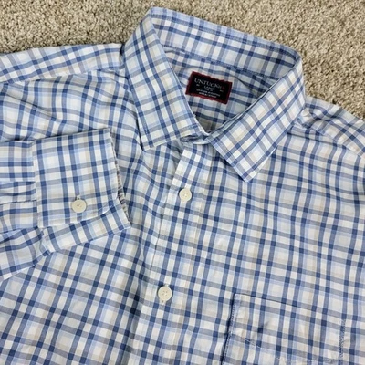 Untuckit Slim Fit Mens Large White Blue Plaid Performance Stretch Button Up LS - Image 1 of 4
