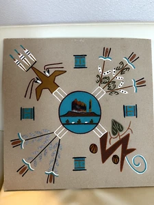 SIGNED Vintage Native American Navajo "4 SACRED PLANTS" Sand Painting 16" wood - Picture 1 of 5