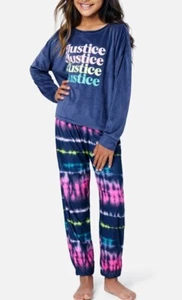 NWT Justice Girls Pajamas Shirt Pants Set 10 M L Tie Dye Logo NEW Blue Pink - Picture 1 of 3