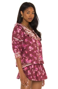 LoveShackFancy Women Morrison Spiced Apple Red Floral Printed Blouse Tunic Top L - Picture 1 of 21