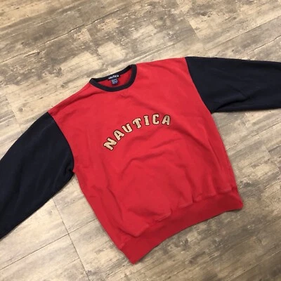 Sudadera DE COLECCIÓN Nautica Hombres Logotipo Spellout Pullover Años 90 SIN ETIQUETA DE TALLA Colorblock Foto 1 de 4