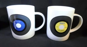 Pair (2) BRET BORTNER BIA COFFEE TEA MUGS - 45 Records Blue & Yellow Labels 2003 - Picture 1 of 8