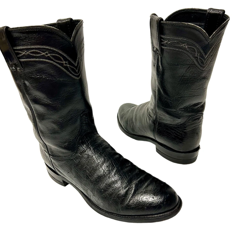 Justin Hombres Negro Suave Piel de avestruz Vaquero Western Cuero Botas Ropers 8 EE Foto 1 de 4