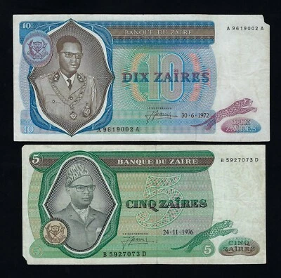 ZAIRE SET 5 ZAIRES 1976 + 10 ZAIRES 1972 P-21 AND P-23  - CONGO BELGIUM - Image 1 of 2
