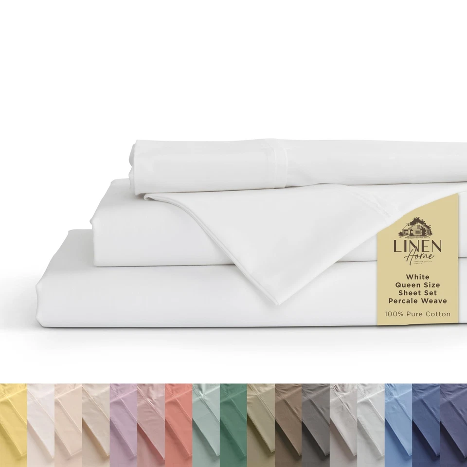 Linen Home 100 Cotton Percale Sheet Set White Queen Size Long-staple 4 Piece