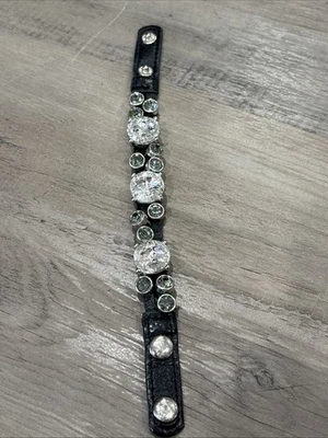 Guang Tong Crystal Stud Wrap Bracelet Cuff Glass Rhinestone Black Leather Bling - Image 1 of 4