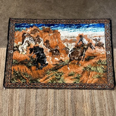 Vintage cowboys catching wild Mustangs desert Theme Wall Rug Vintage Tapestry - Image 1 of 4