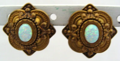 Vintage Gold-Tone Clip On Earrings With Faux Fire Opal Stones - Image 1 of 4