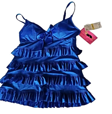 Betsey Johnson женщин M танкини плавать верхняя рубашка синий бант оборки кокетка новый с ярлыками новый - Изображение 1 из 4