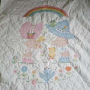 Vintage Homemade Hand Cross Stitch Baby Nursery Quilted Crib Bedding Blanket - Picture 1 of 7