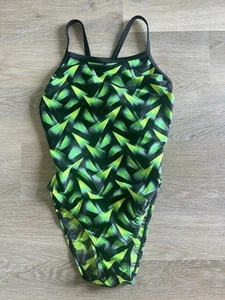 Vtg Speedo One Piece Green Geo Bathing Swim Suit 40/16 Made USA High Cut 90s - Picture 1 of 12