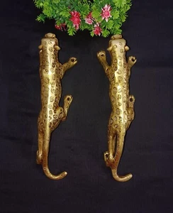 Running Jaguar Wooden Door Handle Pair Brass Panther Cat Design Door Pull CA518 - Picture 1 of 12