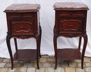 French Carved Rosewood Red Marble Pair Night Stand Side Table Louis XV Style 19C