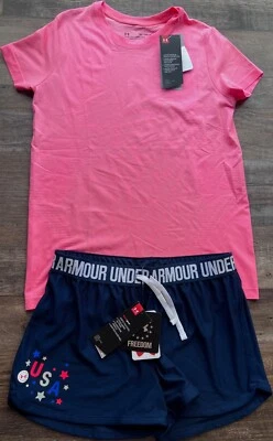 NWT Under Armour YXL Girls Bright Pink/Navy Blue/White USA Logo Shorts Set Foto 1 de 3