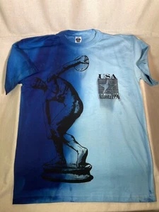 Vintage 1996 Atlanta Olympics XL T-Shirt Blue Tie Dye Discus Thrower Discobolus - Picture 1 of 13