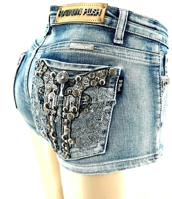 PLATINUM PLUSH LADIES PISTOL BAROQUE RHINESTONE DENIM SHORTS STYLE #4543 - Image 1 of 4