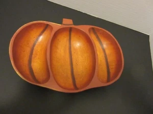 Wooden 3 Compartment Pumpkin Shaped Candy Dish 10" wide x 6"tall x 1" high - Picture 1 of 3
