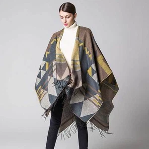 Luxury Celeb Cashmere Like Poncho Blanket Wrap Shawl Cape Geometric Design Chic - Picture 1 of 24