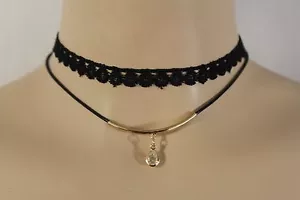 Lo último Mujeres Gargantilla Negra Estrecha Ajustada Moda Collar Plata Dije Cuentas 2 Correas - Imagen 1 de 12