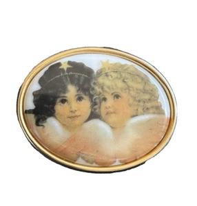 Vintage Angels Porcelain Brooch Pin Oval Gold Tone 1 3/4" Angels Jewelry - Picture 1 of 7