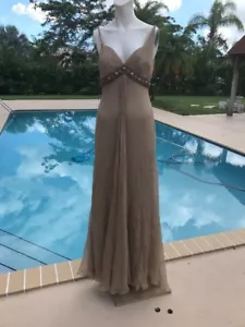 MONIQUE LHUILLIER BEIGE SILK SLEEVELESS FULL LENGTH FORMAL GOWN DRESS Sz 8 NWT - Picture 1 of 12