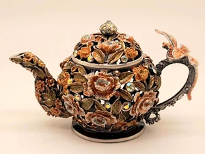 kettle shape Figurine Jewelry Trinket Box Antique silver multi enamel decorative - Picture 1 of 12