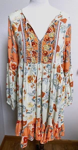 PATRONS OF PEACE-BOHO-RÜSCHENSAUM-BLUMENKLEID/TUNIKA-LT.GRNS/PFIRSICH-GLOCKE SLV-M - Bild 1 von 6