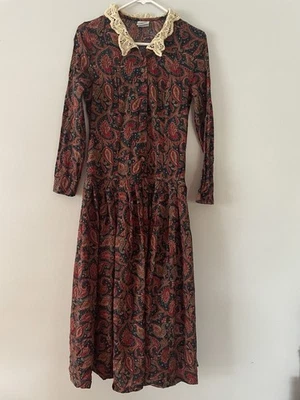 Laura Ashley Vintage Dress Lace Collar Paisley Prarie Cottage Drop Waist Wool 6 - image 1 of 4