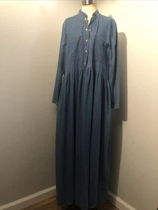 Vintage Bonnie Strauss Denim Maxi Dress Pearl Snaps Boho Prairie 12 Oversized - Picture 1 of 9