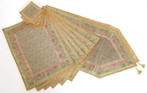 13 PC Table Runner Dining Gray Cream Indian Banarasi Silk Brocade Paisley Cloth - Picture 1 of 8