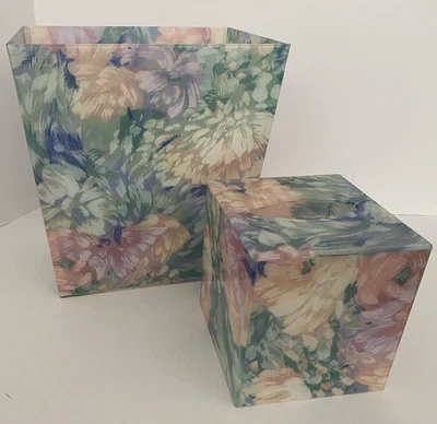 Vintage Springs Chiffon Floral Bathroom Set Wastebasket Tissue Cover Box Pink - Image 1 of 4