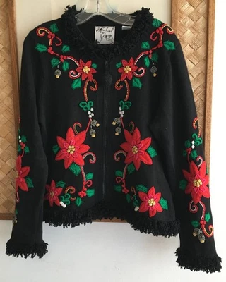 Vtg. Michael Simon Christmas Holiday Sweater Poinsettia Flowers Beaded Size L - Image 1 of 4
