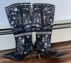Vintage Sequin Festival Black Knee High Boots ALDO SIZE 38 7.5 US ONE OF A KIND - Picture 1 of 8