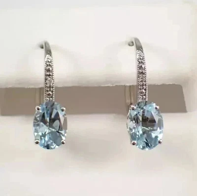 2Ct Oval Cut Lab-Created Aquamarine Drop Dangle Earrings 14K White Gold Plated - Image 1 of 4