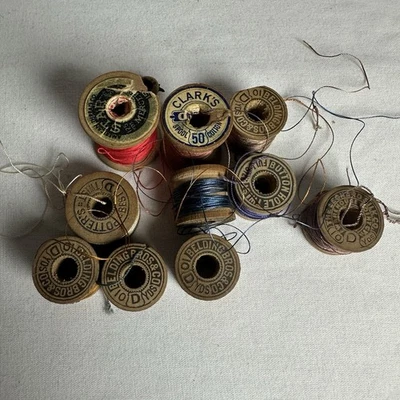 Lot of 10 Vintage Wooden Spools of Cotton & Silk Darning Thread Pretty colors - Image 1 of 4